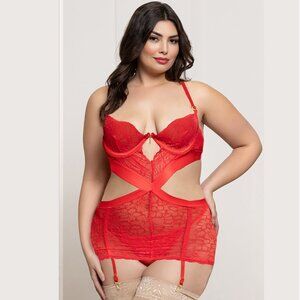 Two-Piece Lace and  Plus Size Satin Ribbon Chemise Set
